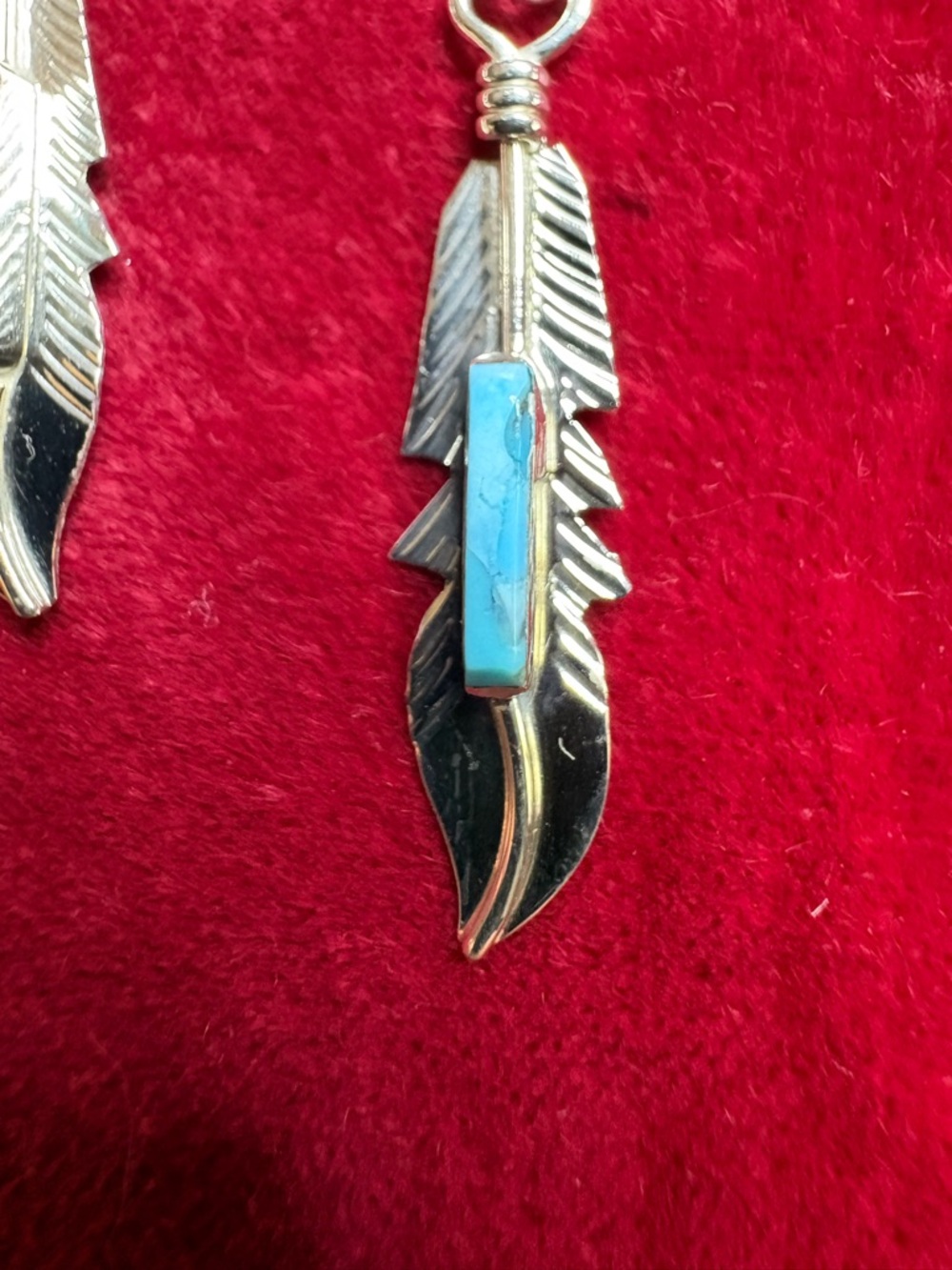 Earrings Handcrafted Native American Sterling Silver Feather Turquoise Dangle - Picture 6 of 9